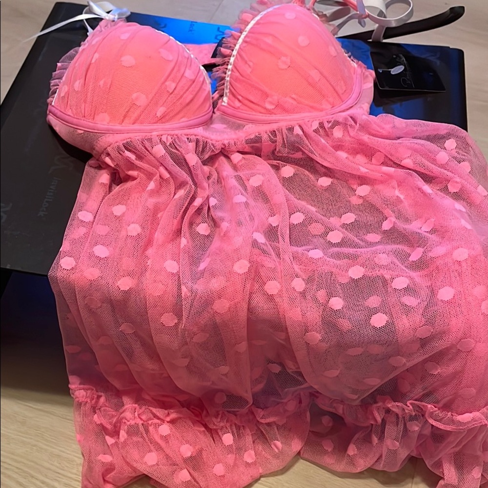 Rene Rofe Pink Sheer Polka Dot Lingerie Set